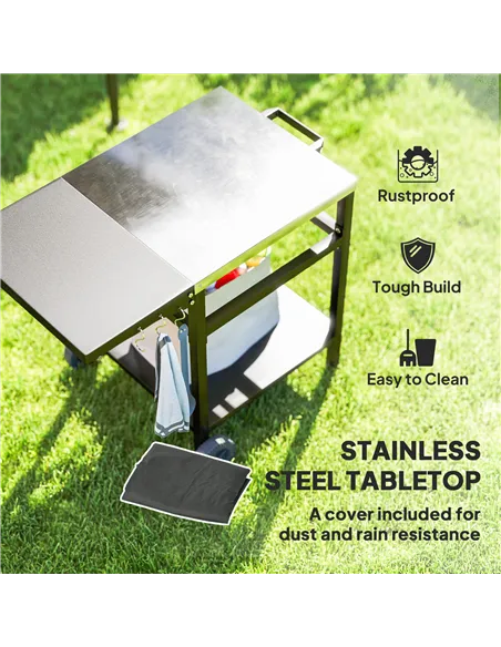 Outsunny BBQ Trolley with Stainless Steel Top and Foldable Side Table, Outdoor Kitchen BBQ Station with Hooks and Shelf, Pizza O