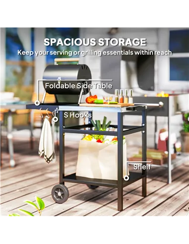 Outsunny BBQ Trolley with Stainless Steel Top and Foldable Side Table, Outdoor Kitchen BBQ Station with Hooks and Shelf, Pizza O