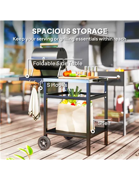 Outsunny BBQ Trolley with Stainless Steel Top and Foldable Side Table, Outdoor Kitchen BBQ Station with Hooks and Shelf, Pizza O