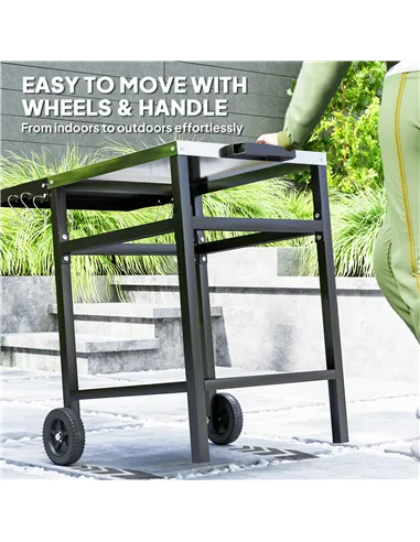 Outsunny BBQ Trolley with Stainless Steel Top and Foldable Side Table, Outdoor Kitchen BBQ Station with Hooks and Shelf, Pizza O