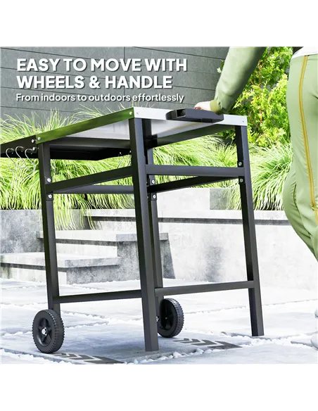 Outsunny BBQ Trolley with Stainless Steel Top and Foldable Side Table, Outdoor Kitchen BBQ Station with Hooks and Shelf, Pizza O