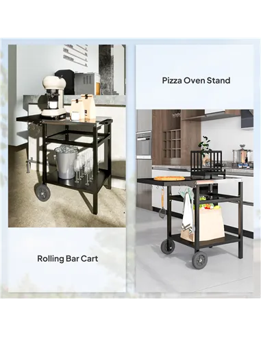 Outsunny BBQ Trolley with Stainless Steel Top and Foldable Side Table, Outdoor Kitchen BBQ Station with Hooks and Shelf, Pizza O