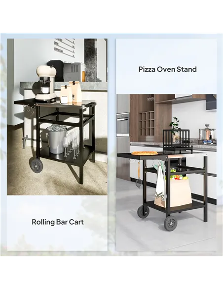 Outsunny BBQ Trolley with Stainless Steel Top and Foldable Side Table, Outdoor Kitchen BBQ Station with Hooks and Shelf, Pizza O