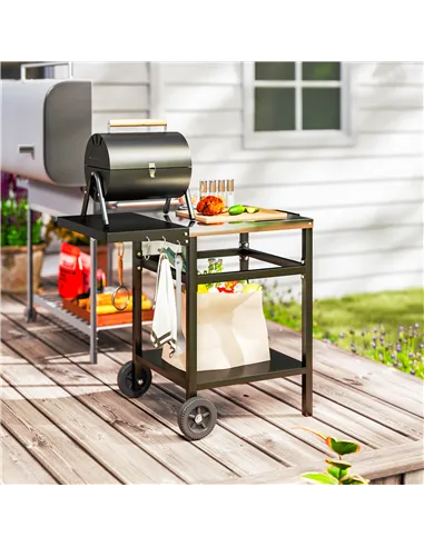Outsunny BBQ Trolley with Stainless Steel Top and Foldable Side Table, Outdoor Kitchen BBQ Station with Hooks and Shelf, Pizza O