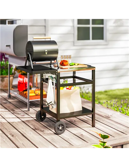 Outsunny BBQ Trolley with Stainless Steel Top and Foldable Side Table, Outdoor Kitchen BBQ Station with Hooks and Shelf, Pizza O