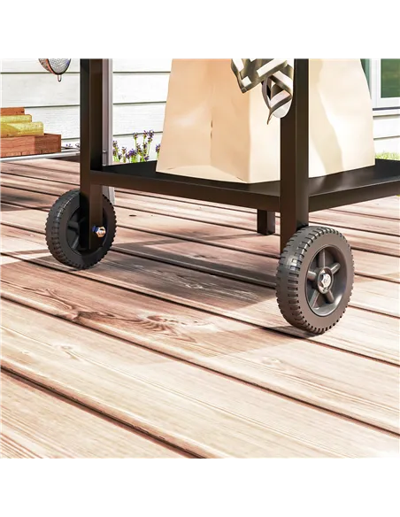 Outsunny BBQ Trolley with Stainless Steel Top and Foldable Side Table, Outdoor Kitchen BBQ Station with Hooks and Shelf, Pizza O