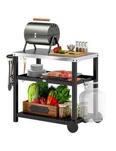 Outsunny Outdoor Grill Dining Cart 3-Shelf Movable Pizza Oven Table Stand with Stainless Steel Top, Portable BBQ Trolley Food Pr