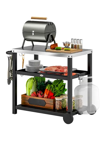 Outsunny Outdoor Grill Dining Cart 3-Shelf Movable Pizza Oven Table Stand with Stainless Steel Top, Portable BBQ Trolley Food Pr