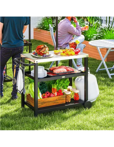 Outsunny Outdoor Grill Dining Cart 3-Shelf Movable Pizza Oven Table Stand with Stainless Steel Top, Portable BBQ Trolley Food Pr