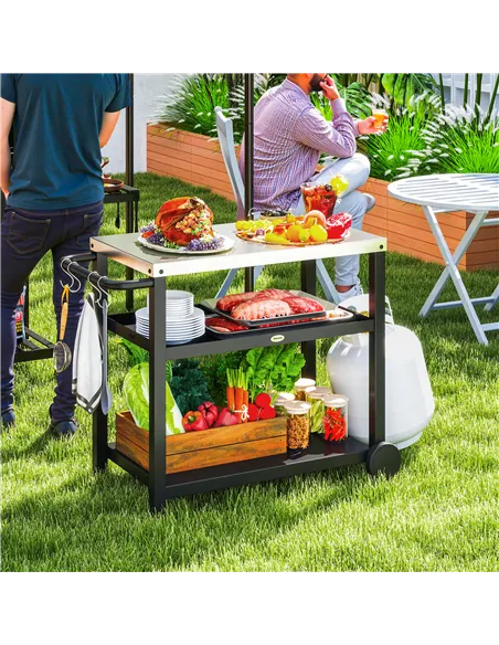 Outsunny Outdoor Grill Dining Cart 3-Shelf Movable Pizza Oven Table Stand with Stainless Steel Top, Portable BBQ Trolley Food Pr