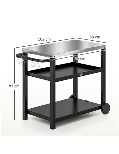 Outsunny Outdoor Grill Dining Cart 3-Shelf Movable Pizza Oven Table Stand with Stainless Steel Top, Portable BBQ Trolley Food Pr