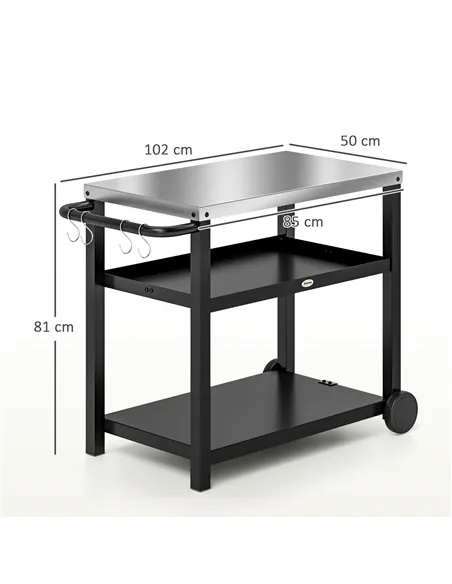 Outsunny Outdoor Grill Dining Cart 3-Shelf Movable Pizza Oven Table Stand with Stainless Steel Top, Portable BBQ Trolley Food Pr