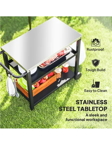 Outsunny Outdoor Grill Dining Cart 3-Shelf Movable Pizza Oven Table Stand with Stainless Steel Top, Portable BBQ Trolley Food Pr