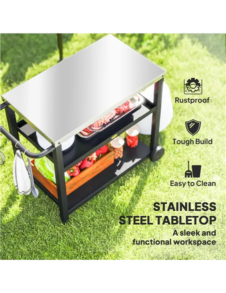 Outsunny Outdoor Grill Dining Cart 3-Shelf Movable Pizza Oven Table Stand with Stainless Steel Top, Portable BBQ Trolley Food Pr