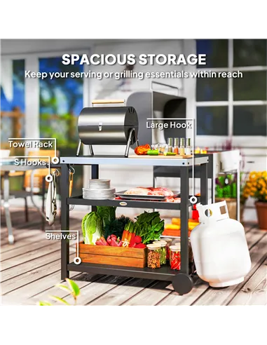 Outsunny Outdoor Grill Dining Cart 3-Shelf Movable Pizza Oven Table Stand with Stainless Steel Top, Portable BBQ Trolley Food Pr