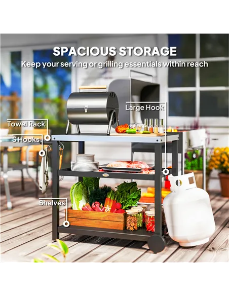 Outsunny Outdoor Grill Dining Cart 3-Shelf Movable Pizza Oven Table Stand with Stainless Steel Top, Portable BBQ Trolley Food Pr