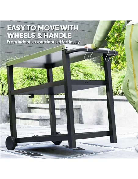 Outsunny Outdoor Grill Dining Cart 3-Shelf Movable Pizza Oven Table Stand with Stainless Steel Top, Portable BBQ Trolley Food Pr