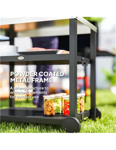 Outsunny Outdoor Grill Dining Cart 3-Shelf Movable Pizza Oven Table Stand with Stainless Steel Top, Portable BBQ Trolley Food Pr