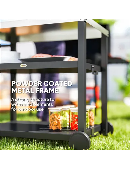 Outsunny Outdoor Grill Dining Cart 3-Shelf Movable Pizza Oven Table Stand with Stainless Steel Top, Portable BBQ Trolley Food Pr
