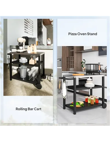 Outsunny Outdoor Grill Dining Cart 3-Shelf Movable Pizza Oven Table Stand with Stainless Steel Top, Portable BBQ Trolley Food Pr