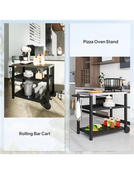 Outsunny Outdoor Grill Dining Cart 3-Shelf Movable Pizza Oven Table Stand with Stainless Steel Top, Portable BBQ Trolley Food Pr