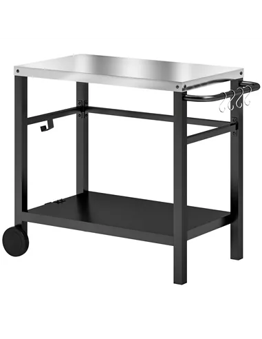 Outsunny Outdoor Grill Dining Cart 2-Shelf Movable Pizza Oven Table Stand with Stainless Steel Top, Portable BBQ Trolley Food Pr
