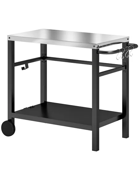 Outsunny Outdoor Grill Dining Cart 2-Shelf Movable Pizza Oven Table Stand with Stainless Steel Top, Portable BBQ Trolley Food Pr