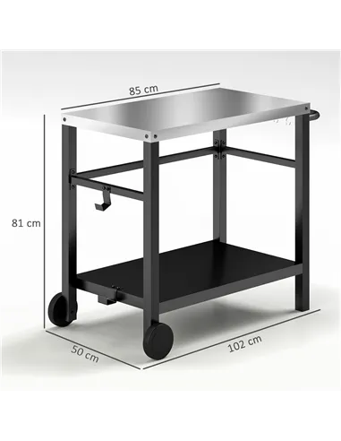 Outsunny Outdoor Grill Dining Cart 2-Shelf Movable Pizza Oven Table Stand with Stainless Steel Top, Portable BBQ Trolley Food Pr