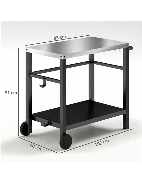 Outsunny Outdoor Grill Dining Cart 2-Shelf Movable Pizza Oven Table Stand with Stainless Steel Top, Portable BBQ Trolley Food Pr