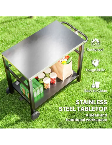 Outsunny Outdoor Grill Dining Cart 2-Shelf Movable Pizza Oven Table Stand with Stainless Steel Top, Portable BBQ Trolley Food Pr