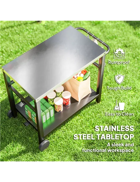Outsunny Outdoor Grill Dining Cart 2-Shelf Movable Pizza Oven Table Stand with Stainless Steel Top, Portable BBQ Trolley Food Pr