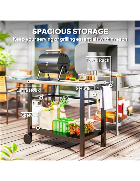 Outsunny Outdoor Grill Dining Cart 2-Shelf Movable Pizza Oven Table Stand with Stainless Steel Top, Portable BBQ Trolley Food Pr