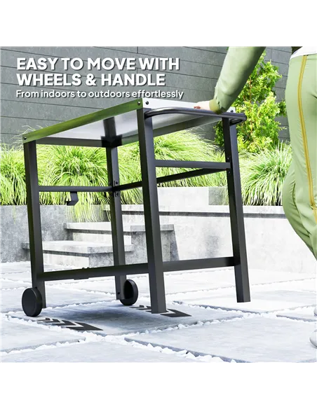 Outsunny Outdoor Grill Dining Cart 2-Shelf Movable Pizza Oven Table Stand with Stainless Steel Top, Portable BBQ Trolley Food Pr