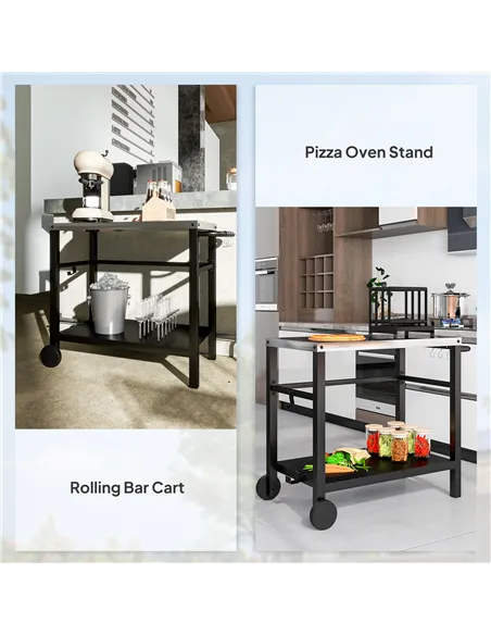 Outsunny Outdoor Grill Dining Cart 2-Shelf Movable Pizza Oven Table Stand with Stainless Steel Top, Portable BBQ Trolley Food Pr