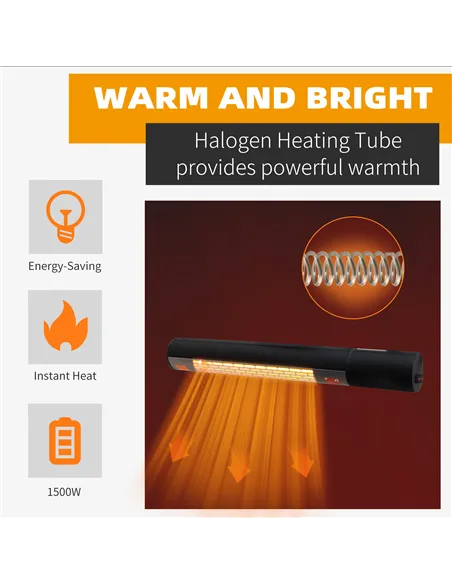 Outsunny Outdoor Patio Garden Warmer 1500W Wall Mounted Electric Infrared Halogen Heater with Remote Control Black