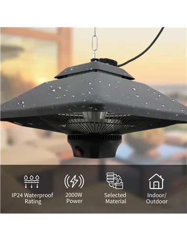 Outsunny Hanging Electric Patio Heater with 2 Power Settings, 1000/2000W Waterproof Ceiling Mounted Aluminium Halogen Infrared O