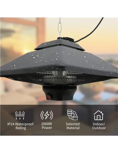 Outsunny Hanging Electric Patio Heater with 2 Power Settings, 1000/2000W Waterproof Ceiling Mounted Aluminium Halogen Infrared O