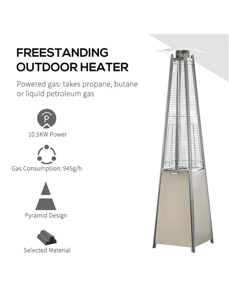 Outsunny Stainless Steel Outdoor Garden Pyramid Patio Heater with Wheels and Rain Cover - Silver