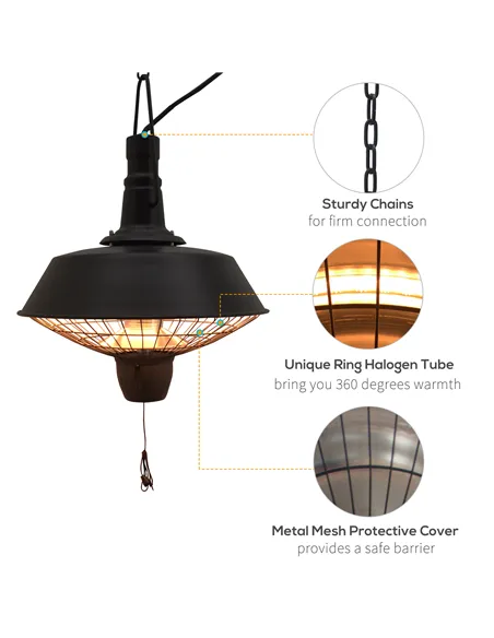 Outsunny 2100W Outdoor Ceiling Mounted Halogen Electric Heater Hanging Patio Garden Warmer Light - Black