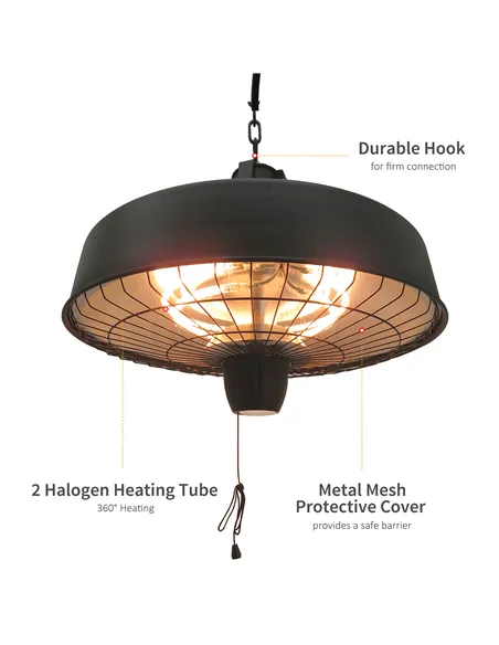 Outsunny Adjustable Power 1000/2500W Infrared Halogen Electric Patio Light Heater, Ceiling Hanging Mount -Black