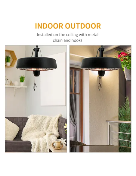 Outsunny Adjustable Power 1000/2500W Infrared Halogen Electric Patio Light Heater, Ceiling Hanging Mount -Black