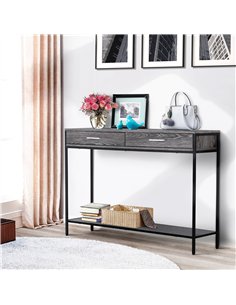 HOMCOM Console Table Worktop Bottom Shelf Home Two Drawer Industrial Minimal Style Grey Wood Tone Effect 2