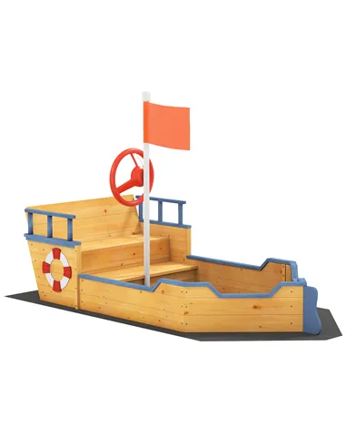 Outsunny Sand pit Kids Children Sandpit Wooden Pirate Ship Sandboat Outdoor Backyard Playset w/Bench Bottom Liner