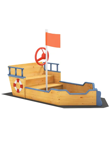 Outsunny Sand pit Kids Children Sandpit Wooden Pirate Ship Sandboat Outdoor Backyard Playset w/Bench Bottom Liner