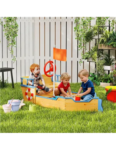 Outsunny Sand pit Kids Children Sandpit Wooden Pirate Ship Sandboat Outdoor Backyard Playset w/Bench Bottom Liner