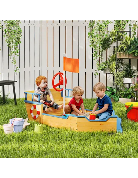Outsunny Sand pit Kids Children Sandpit Wooden Pirate Ship Sandboat Outdoor Backyard Playset w/Bench Bottom Liner