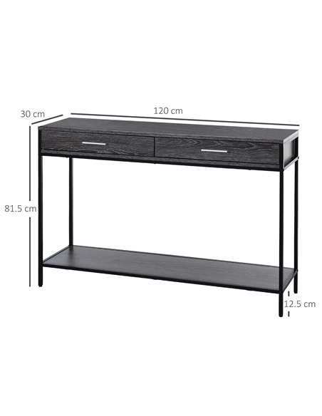 HOMCOM Console Table Worktop Bottom Shelf Home Two Drawer Industrial Minimal Style Grey Wood Tone Effect
