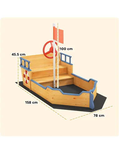 Outsunny Sand pit Kids Children Sandpit Wooden Pirate Ship Sandboat Outdoor Backyard Playset w/Bench Bottom Liner
