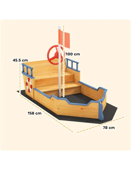 Outsunny Sand pit Kids Children Sandpit Wooden Pirate Ship Sandboat Outdoor Backyard Playset w/Bench Bottom Liner