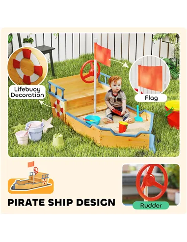 Outsunny Sand pit Kids Children Sandpit Wooden Pirate Ship Sandboat Outdoor Backyard Playset w/Bench Bottom Liner